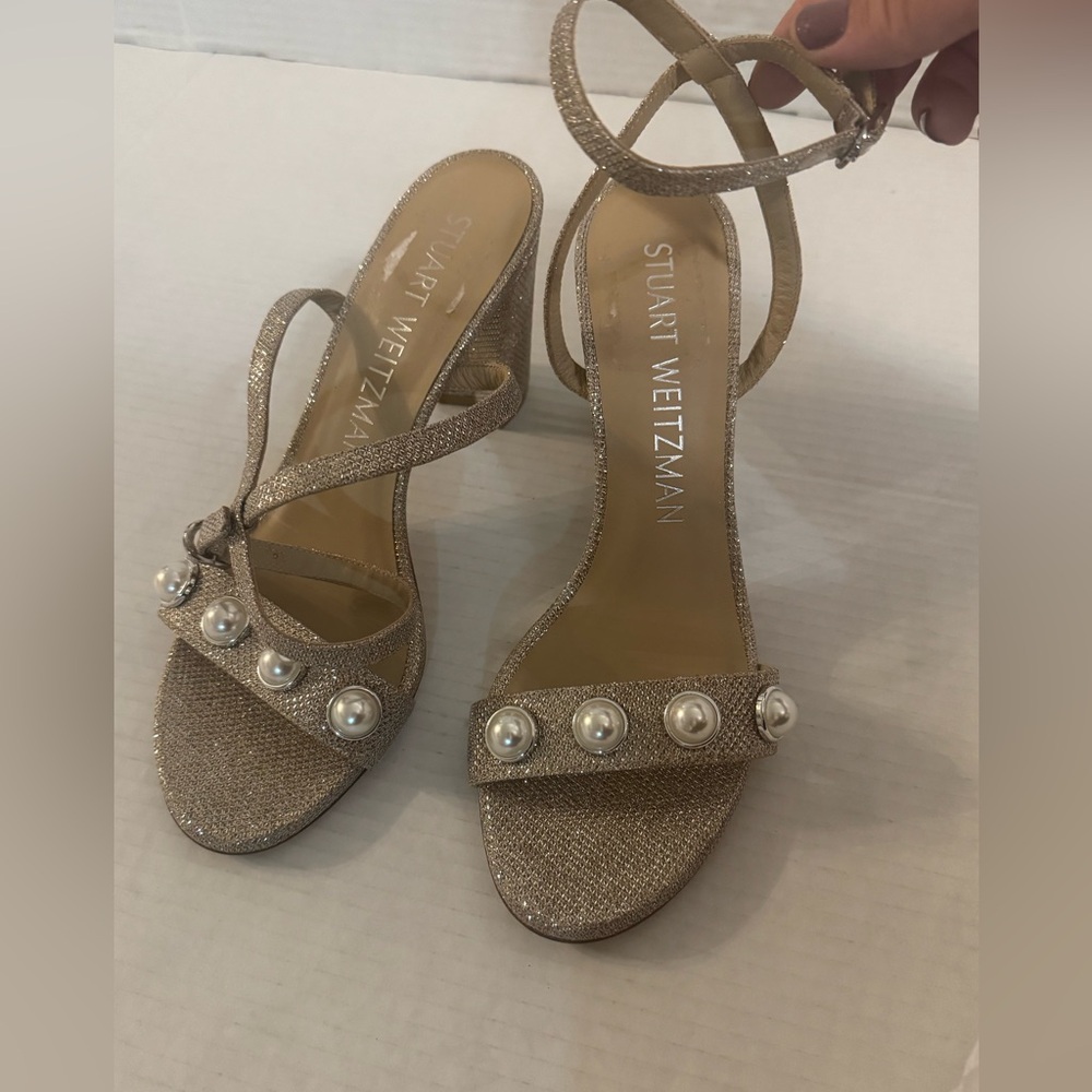 Stuart Weitzman Nearly Bare Portia pearly glitter Sandals‎ Heels shoes size 9